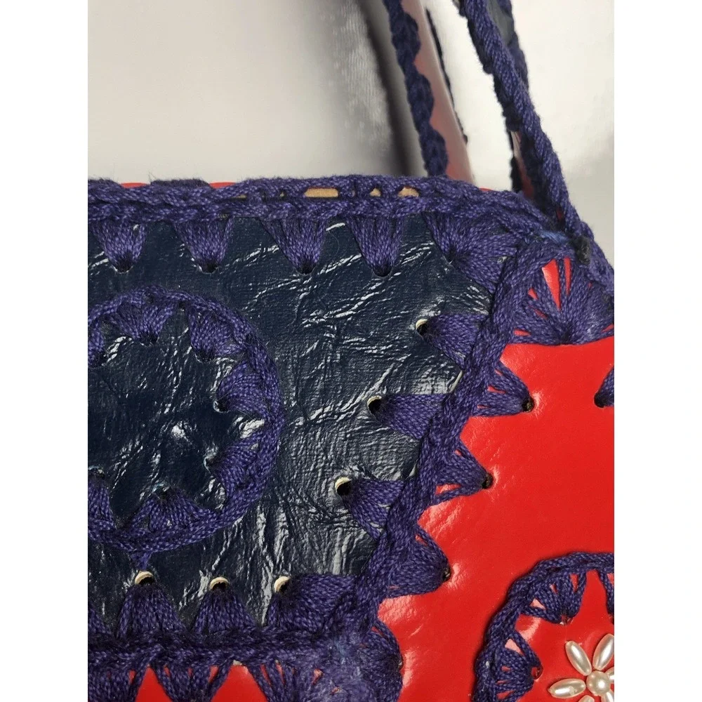 Vtg‎ 1970s Boho Purse Crochet Hexagon Patchwork Leather Handbag Hippie Red Blue
